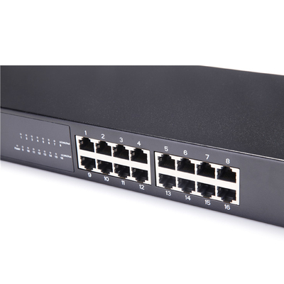 32Gbps Gigabit 16 Port Unmanaged Switch เปลือกเหล็ก 17 นิ้วในตัวพาวเวอร์ซัพพลาย